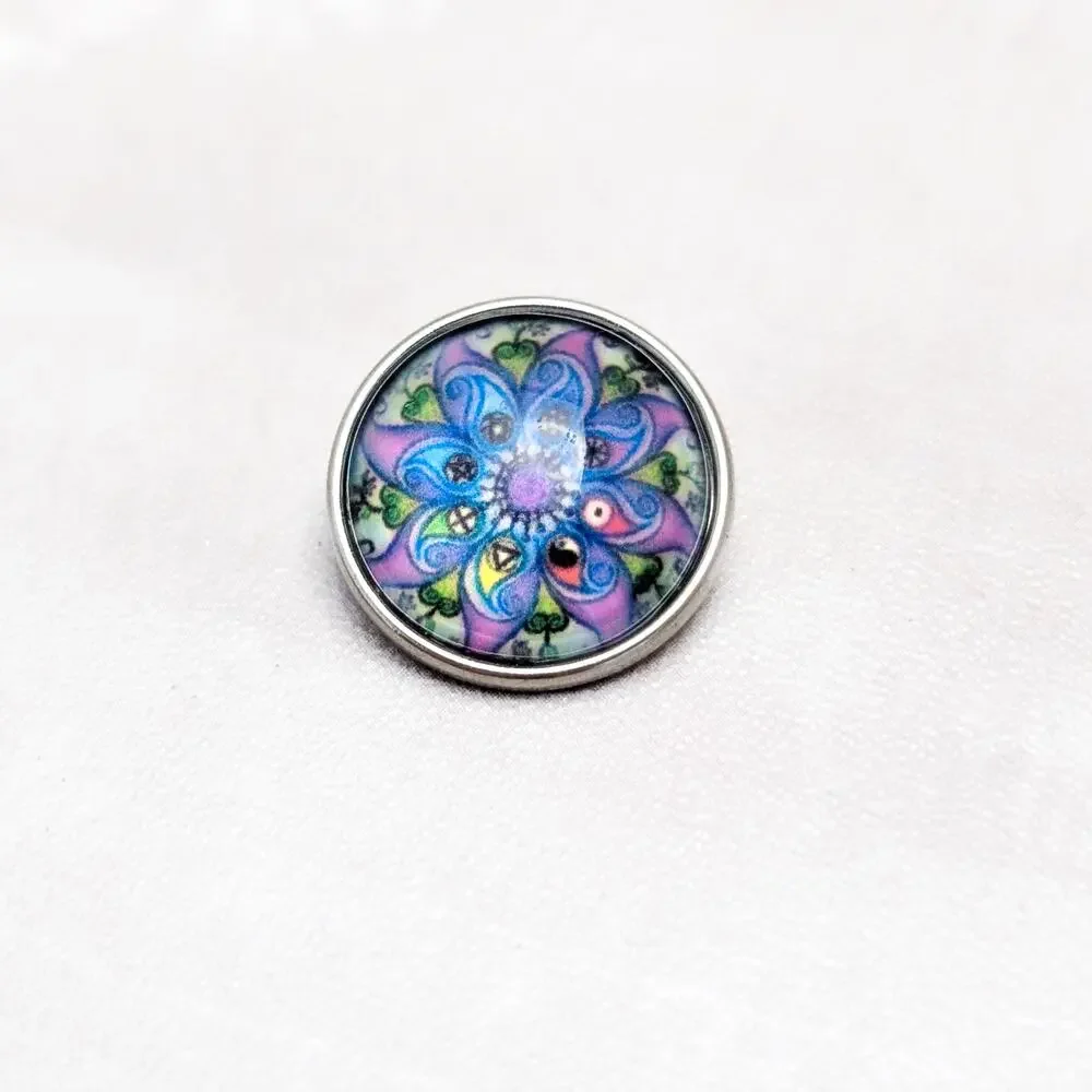 Snap Button Charm - Pretty Floral Design Blue Purple Tones